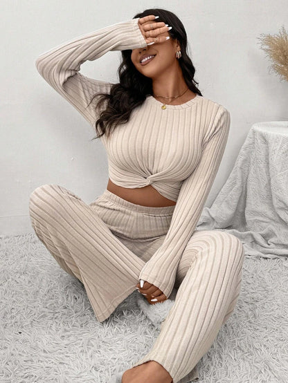 SHEIN Frenchy 2pcs Casual Traditional Beige Set: Plus Size Women's Brushed T-Shirt + Pants, Suitable For Leisure Home, Sports, Autumn/Winter Fall Formal Home Wear