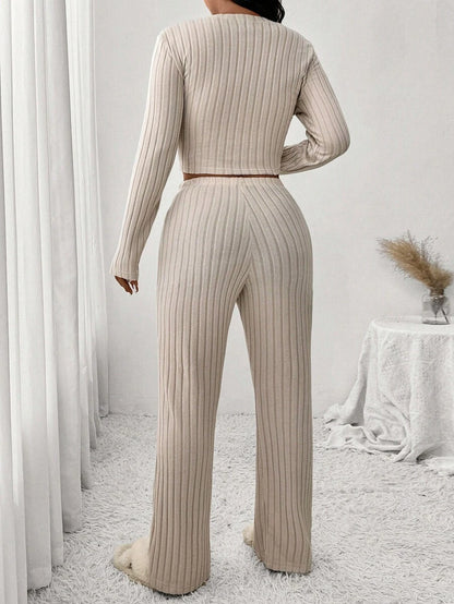 SHEIN Frenchy 2pcs Casual Traditional Beige Set: Plus Size Women's Brushed T-Shirt + Pants, Suitable For Leisure Home, Sports, Autumn/Winter Fall Formal Home Wear
