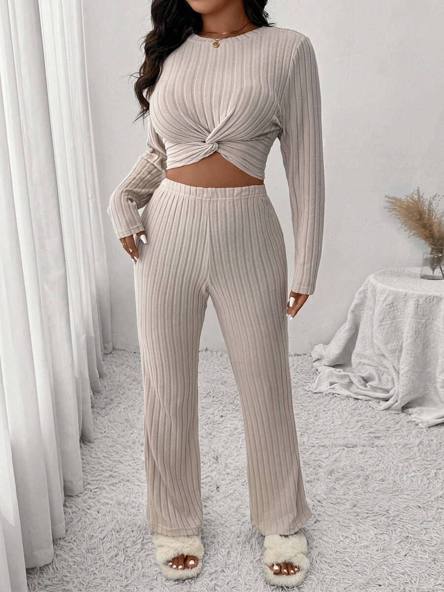SHEIN Frenchy 2pcs Casual Traditional Beige Set: Plus Size Women's Brushed T-Shirt + Pants, Suitable For Leisure Home, Sports, Autumn/Winter Fall Formal Home Wear