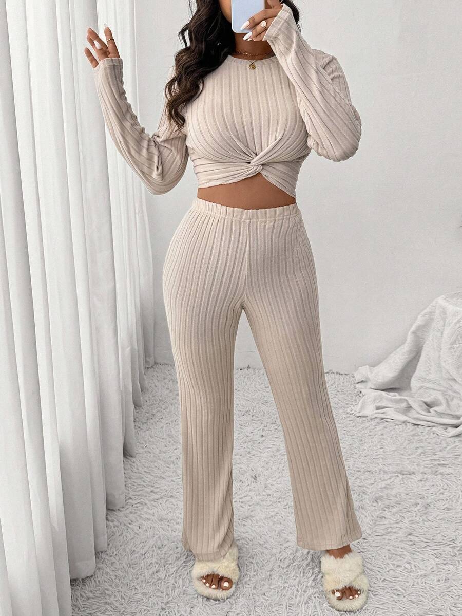 SHEIN Frenchy 2pcs Casual Traditional Beige Set: Plus Size Women's Brushed T-Shirt + Pants, Suitable For Leisure Home, Sports, Autumn/Winter Fall Formal Home Wear