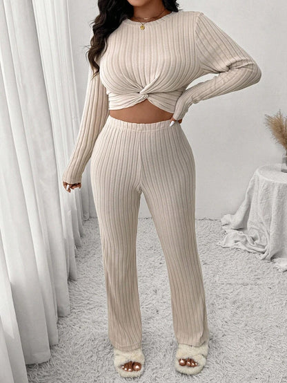 SHEIN Frenchy 2pcs Casual Traditional Beige Set: Plus Size Women's Brushed T-Shirt + Pants, Suitable For Leisure Home, Sports, Autumn/Winter Fall Formal Home Wear