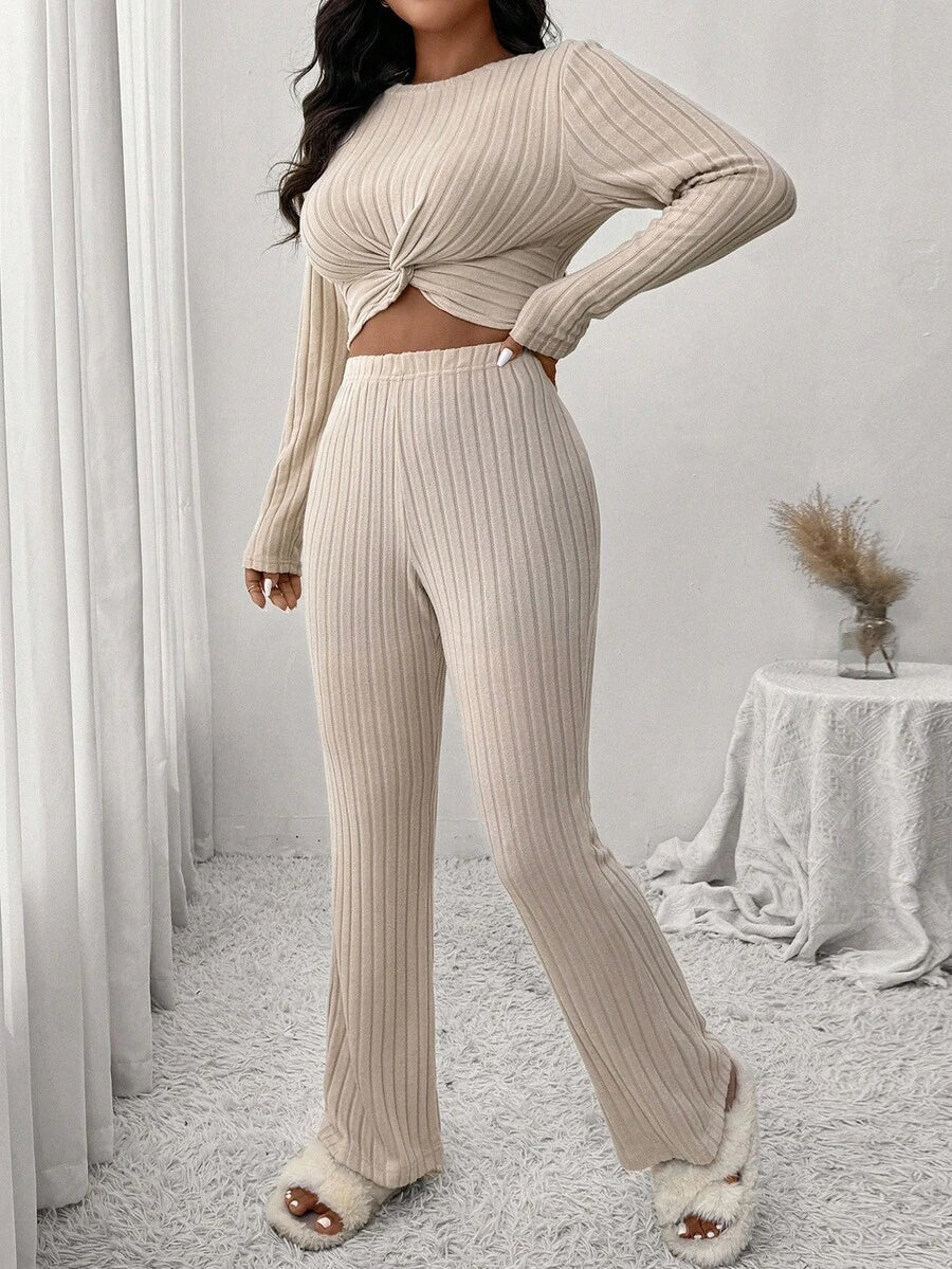 SHEIN Frenchy 2pcs Casual Traditional Beige Set: Plus Size Women's Brushed T-Shirt + Pants, Suitable For Leisure Home, Sports, Autumn/Winter Fall Formal Home Wear
