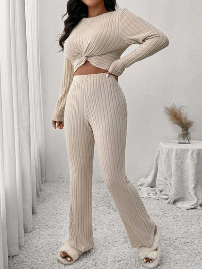 SHEIN Frenchy 2pcs Casual Traditional Beige Set: Plus Size Women's Brushed T-Shirt + Pants, Suitable For Leisure Home, Sports, Autumn/Winter Fall Formal Home Wear
