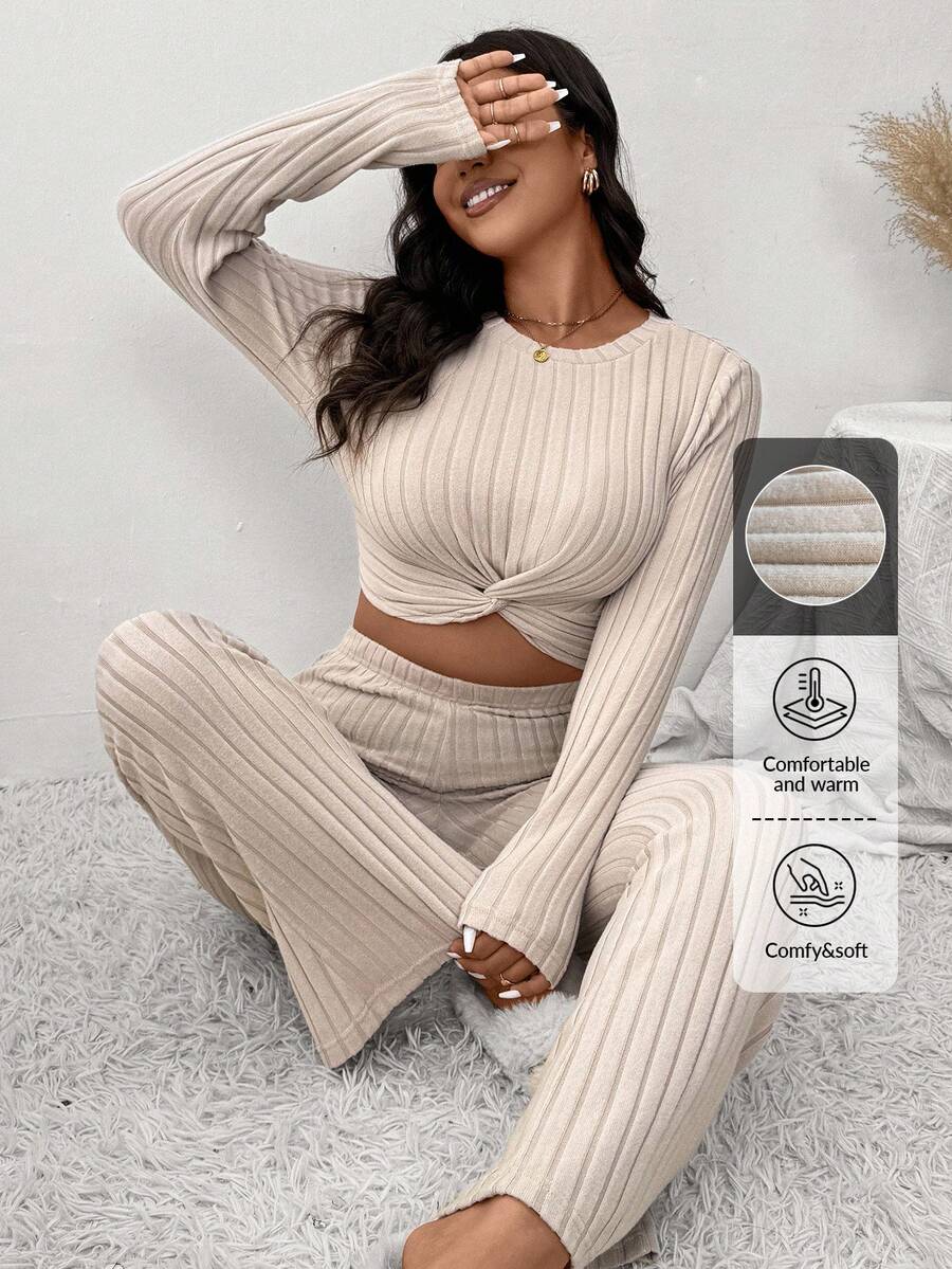 SHEIN Frenchy 2pcs Casual Traditional Beige Set: Plus Size Women's Brushed T-Shirt + Pants, Suitable For Leisure Home, Sports, Autumn/Winter Fall Formal Home Wear