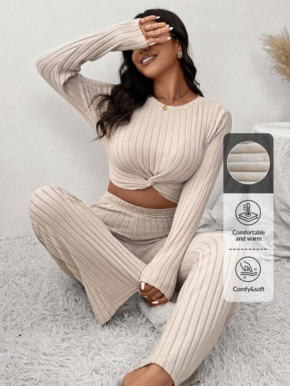 SHEIN Frenchy 2pcs Casual Traditional Beige Set: Plus Size Women's Brushed T-Shirt + Pants, Suitable For Leisure Home, Sports, Autumn/Winter Fall Formal Home Wear