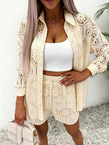 2pcs/Set Women's Casual Vacation White Lace Outfit, Long Sleeve Hollow Loose Top Paired With Elastic Waist Shorts, Elegant Beach Cover-Up Summer, Resort Wear
