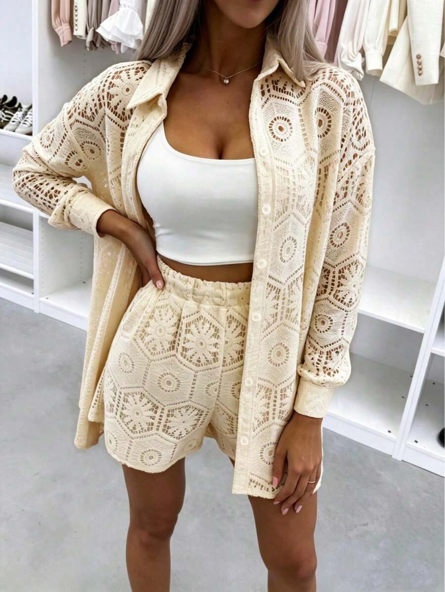 2pcs/Set Women's Casual Vacation White Lace Outfit, Long Sleeve Hollow Loose Top Paired With Elastic Waist Shorts, Elegant Beach Cover-Up Summer, Resort Wear