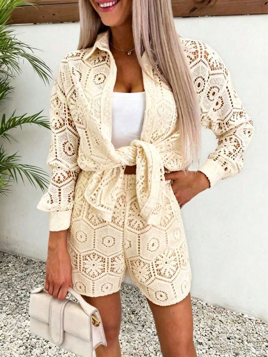 2pcs/Set Women's Casual Vacation White Lace Outfit, Long Sleeve Hollow Loose Top Paired With Elastic Waist Shorts, Elegant Beach Cover-Up Summer, Resort Wear