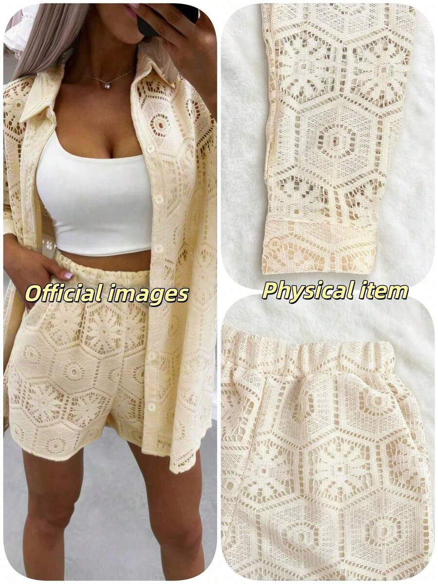 2pcs/Set Women's Casual Vacation White Lace Outfit, Long Sleeve Hollow Loose Top Paired With Elastic Waist Shorts, Elegant Beach Cover-Up Summer, Resort Wear