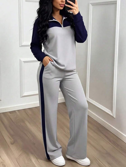 Women's Casual Set, Collared Loose Top And Wide Leg Pants 2 Pieces Outfit, Autumn/Winter Spring Elegant