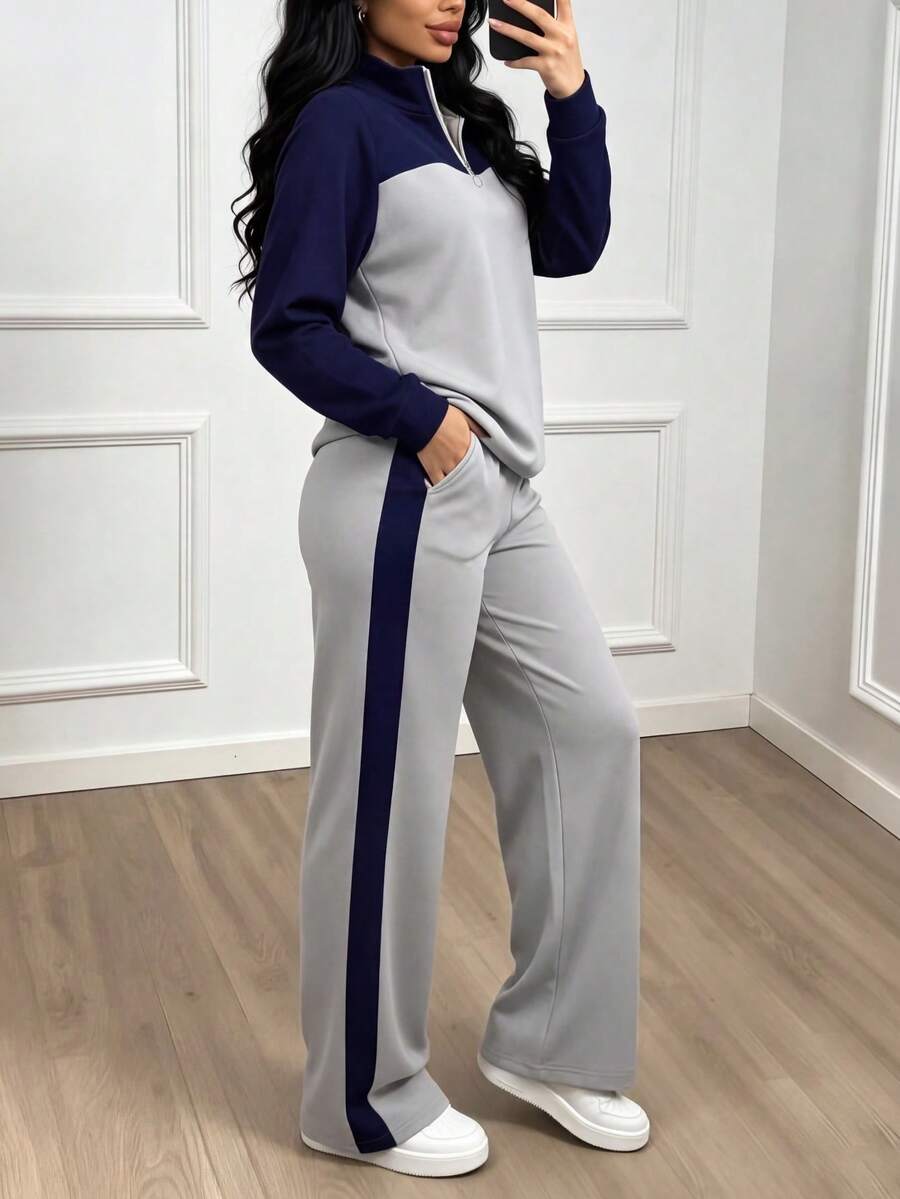 Women's Casual Set, Collared Loose Top And Wide Leg Pants 2 Pieces Outfit, Autumn/Winter Spring Elegant
