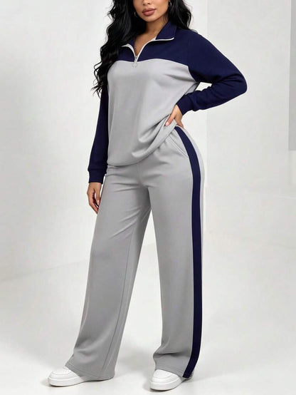 Women's Casual Set, Collared Loose Top And Wide Leg Pants 2 Pieces Outfit, Autumn/Winter Spring Elegant
