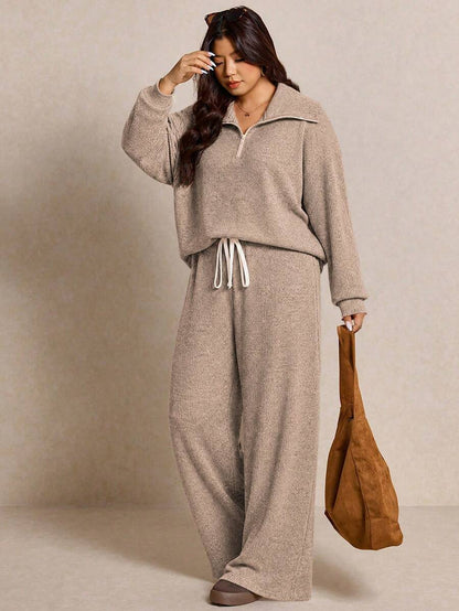 Elaquor Plus Size Women's Side Stripe Zipper Design Sweatshirt And Wide Leg Pants Casual Daily Going Out 2 Pieces Set For Women Fall/Winter Casual Work Sets