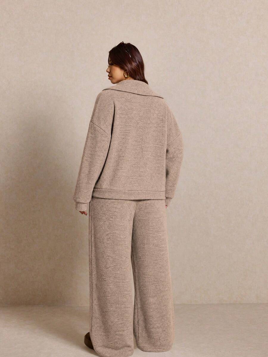Elaquor Plus Size Women's Side Stripe Zipper Design Sweatshirt And Wide Leg Pants Casual Daily Going Out 2 Pieces Set For Women Fall/Winter Casual Work Sets