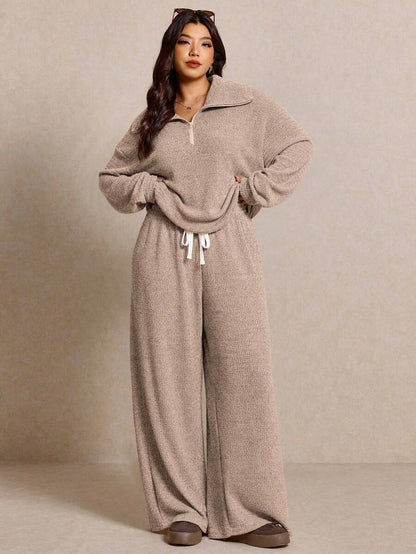 Elaquor Plus Size Women's Side Stripe Zipper Design Sweatshirt And Wide Leg Pants Casual Daily Going Out 2 Pieces Set For Women Fall/Winter Casual Work Sets