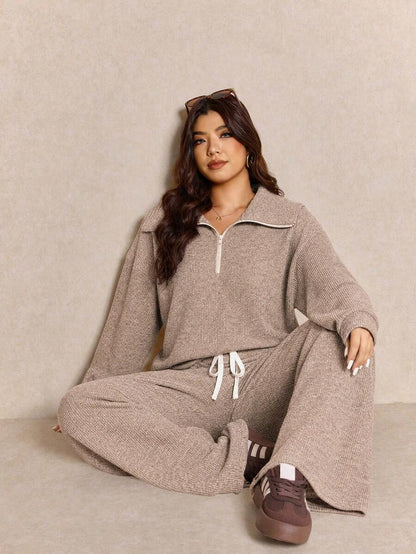 Elaquor Plus Size Women's Side Stripe Zipper Design Sweatshirt And Wide Leg Pants Casual Daily Going Out 2 Pieces Set For Women Fall/Winter Casual Work Sets