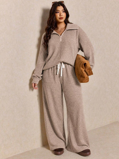 Elaquor Plus Size Women's Side Stripe Zipper Design Sweatshirt And Wide Leg Pants Casual Daily Going Out 2 Pieces Set For Women Fall/Winter Casual Work Sets