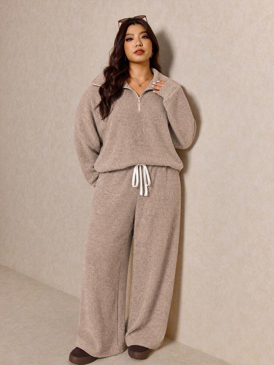 Elaquor Plus Size Women's Side Stripe Zipper Design Sweatshirt And Wide Leg Pants Casual Daily Going Out 2 Pieces Set For Women Fall/Winter Casual Work Sets