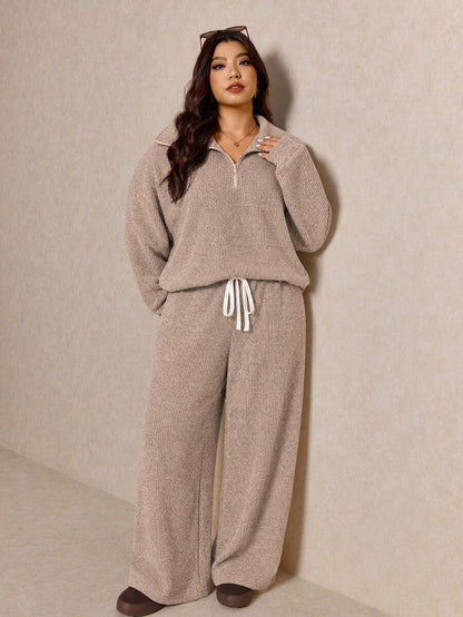 Elaquor Plus Size Women's Side Stripe Zipper Design Sweatshirt And Wide Leg Pants Casual Daily Going Out 2 Pieces Set For Women Fall/Winter Casual Work Sets