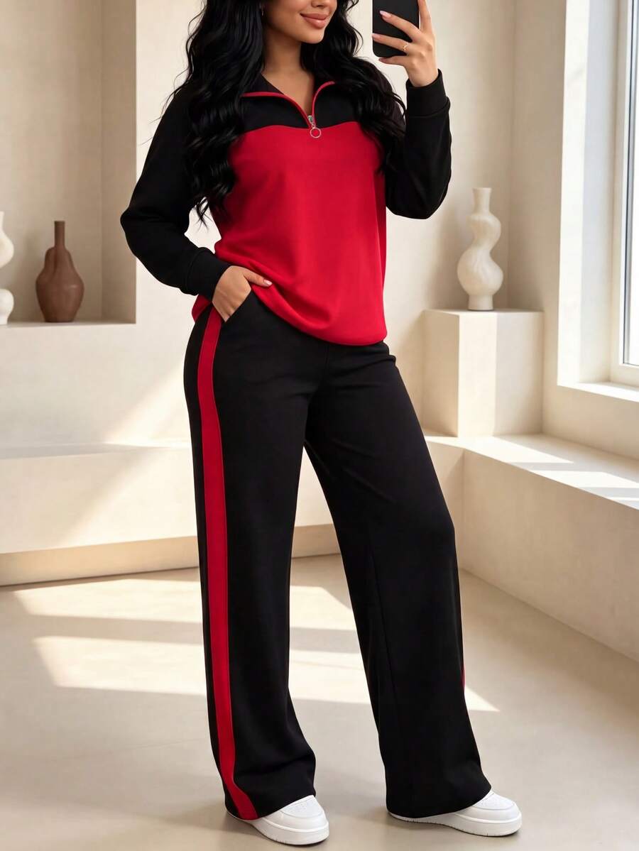 Women's Casual Set, Collared Loose Top And Wide Leg Pants 2 Pieces Outfit, Autumn/Winter Spring Elegant