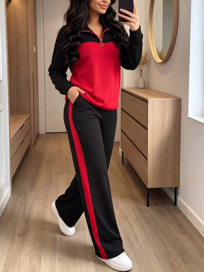Women's Casual Set, Collared Loose Top And Wide Leg Pants 2 Pieces Outfit, Autumn/Winter Spring Elegant