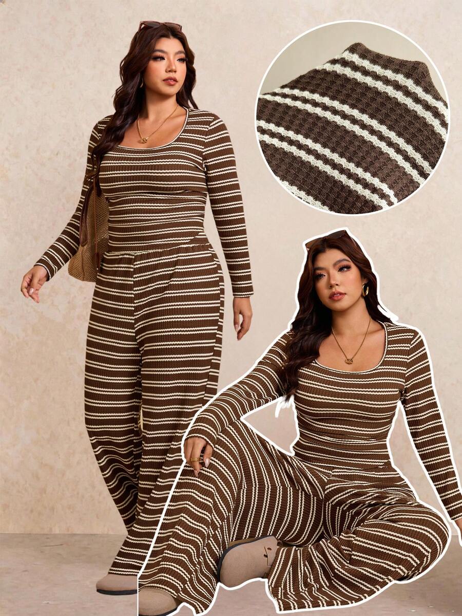 SHEIN Frenchy Plus Size Women Square Neck Black Long Sleeve T-Shirt And Wide Leg Pants Casual 2 Piece Set Formal Office Holiday Holiday Autumn Fall