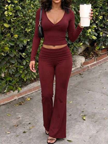 NOIRLYN Women's Autumn/Winter Y2K Casual 2 Pieces Set Sexy Solid Color V-Neck Long Sleeve T-Shirt + High Waist Slim Fit Flare Pants Elegant