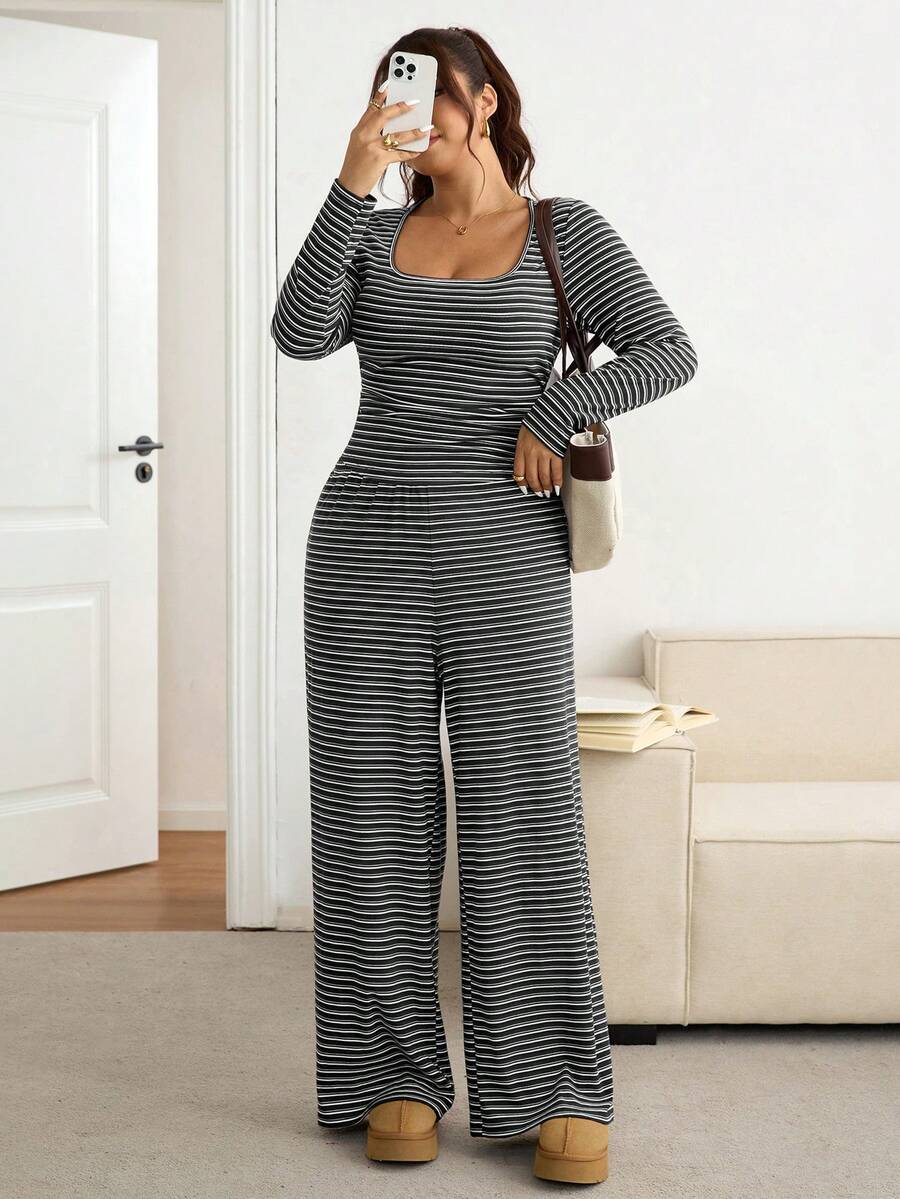 Lounesse Plus Size Women Solid Color Square Neck Long Sleeve T-Shirt And Pants Casual 2 Pieces Set Casual Daily Going Out 2 Pieces Sets Casual School Outfit Set