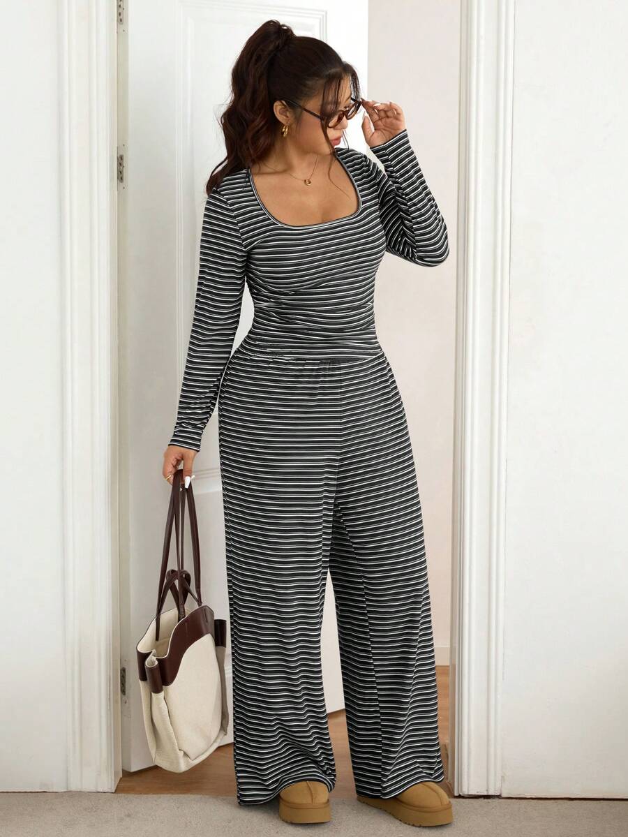 SHEIN Frenchy Plus Size Women Square Neck Black Long Sleeve T-Shirt And Wide Leg Pants Casual 2 Piece Set Formal Office Holiday Holiday Autumn Fall
