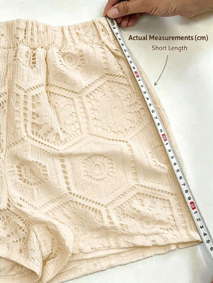 2pcs/Set Women's Casual Vacation White Lace Outfit, Long Sleeve Hollow Loose Top Paired With Elastic Waist Shorts, Elegant Beach Cover-Up Summer, Resort Wear