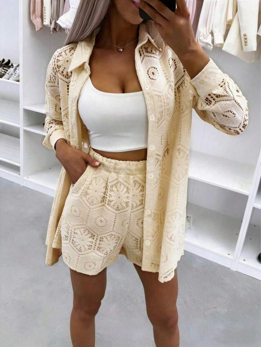 2pcs/Set Women's Casual Vacation White Lace Outfit, Long Sleeve Hollow Loose Top Paired With Elastic Waist Shorts, Elegant Beach Cover-Up Summer, Resort Wear