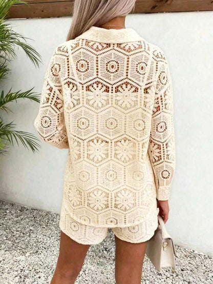 2pcs/Set Women's Casual Vacation White Lace Outfit, Long Sleeve Hollow Loose Top Paired With Elastic Waist Shorts, Elegant Beach Cover-Up Summer, Resort Wear