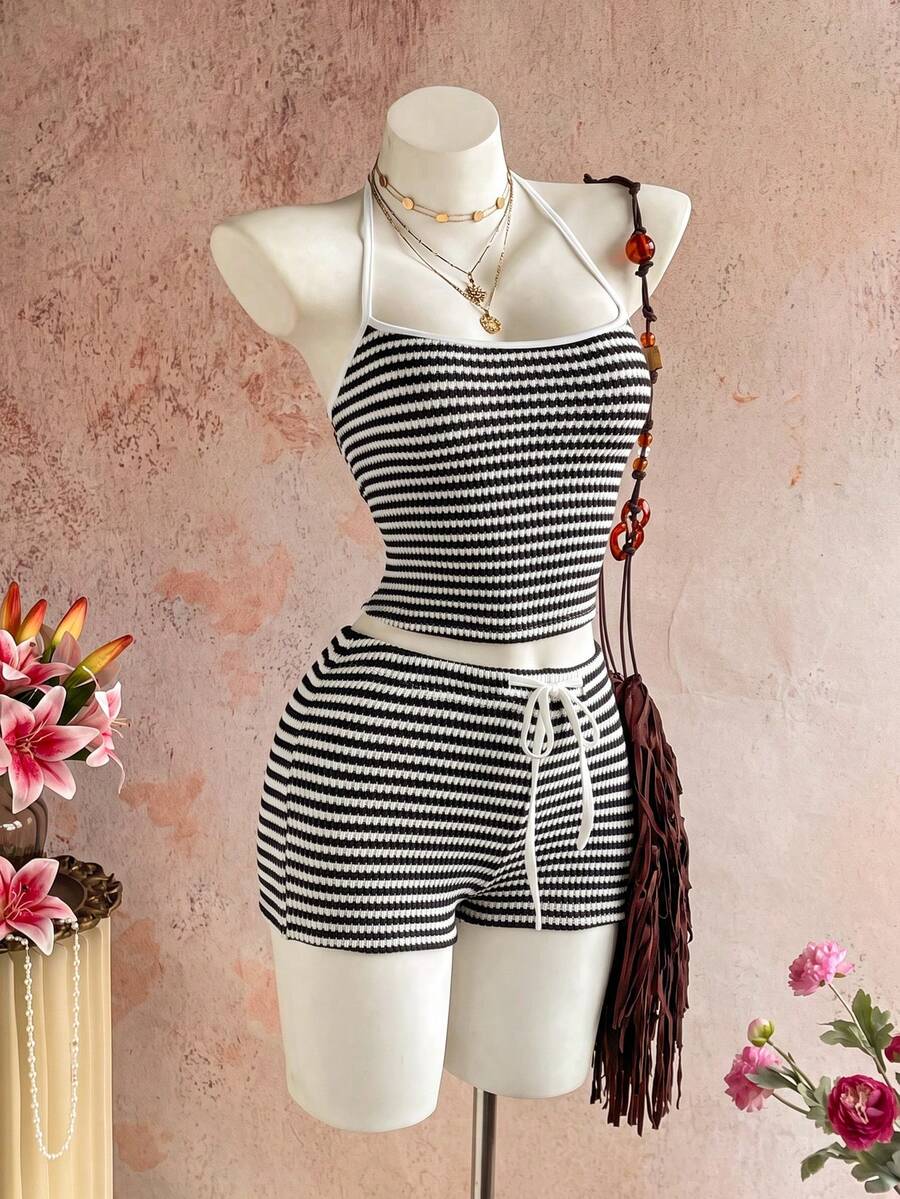 Sunnyshic Women's Autumn/Winter Casual Striped Knit Set Halter Top Low Waist Shorts Slim Fit Elegant Beach Outfit Tank Top Shorts