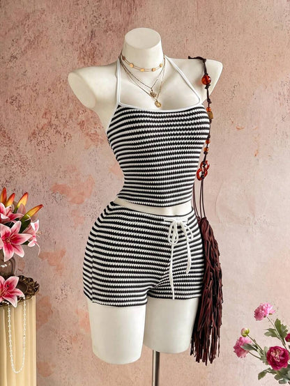 Sunnyshic Women's Autumn/Winter Casual Striped Knit Set Halter Top Low Waist Shorts Slim Fit Elegant Beach Outfit Tank Top Shorts