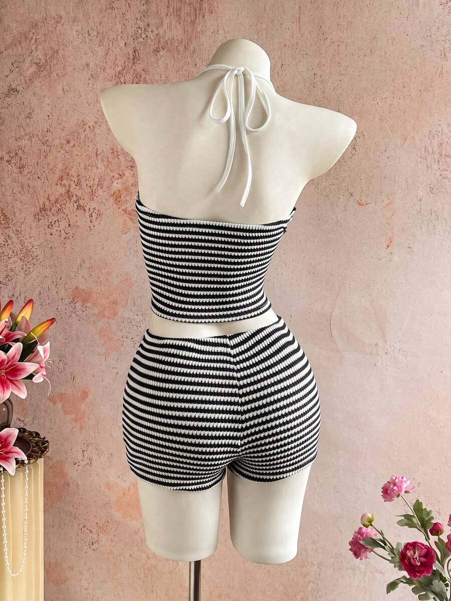 Sunnyshic Women's Autumn/Winter Casual Striped Knit Set Halter Top Low Waist Shorts Slim Fit Elegant Beach Outfit Tank Top Shorts