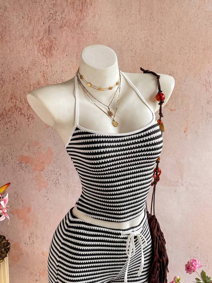 Sunnyshic Women's Autumn/Winter Casual Striped Knit Set Halter Top Low Waist Shorts Slim Fit Elegant Beach Outfit Tank Top Shorts