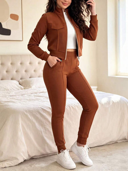 2pcs Women Set In Spring/Autumn/Winter, Minimal Solid Color Versatile Zip Up Short Jacket Tops With Elastic Waist Pocket Skinny Pants Casual Elegant