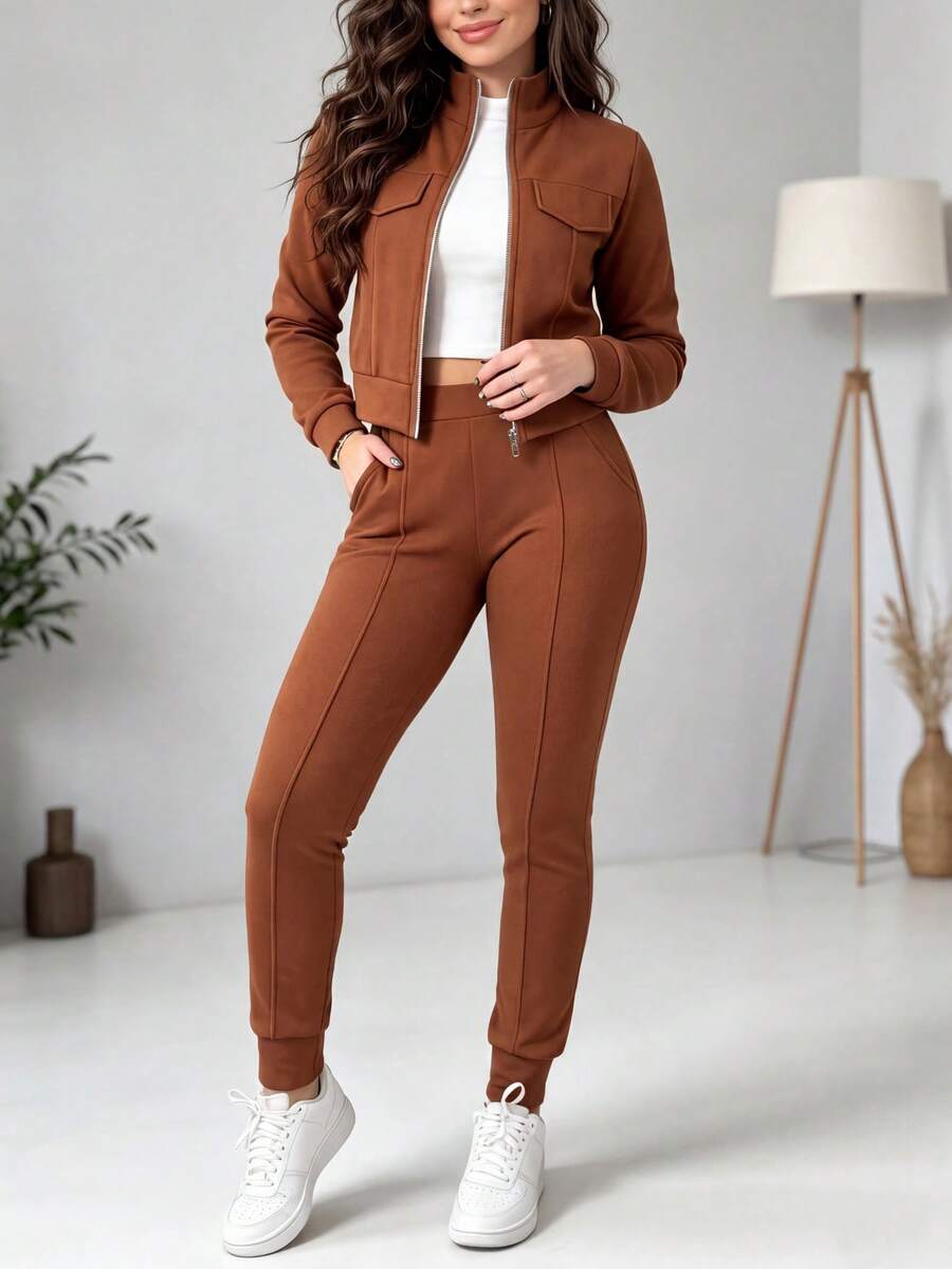 2pcs Women Set In Spring/Autumn/Winter, Minimal Solid Color Versatile Zip Up Short Jacket Tops With Elastic Waist Pocket Skinny Pants Casual Elegant