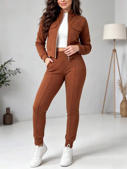 2pcs Women Set In Spring/Autumn/Winter, Minimal Solid Color Versatile Zip Up Short Jacket Tops With Elastic Waist Pocket Skinny Pants Casual Elegant