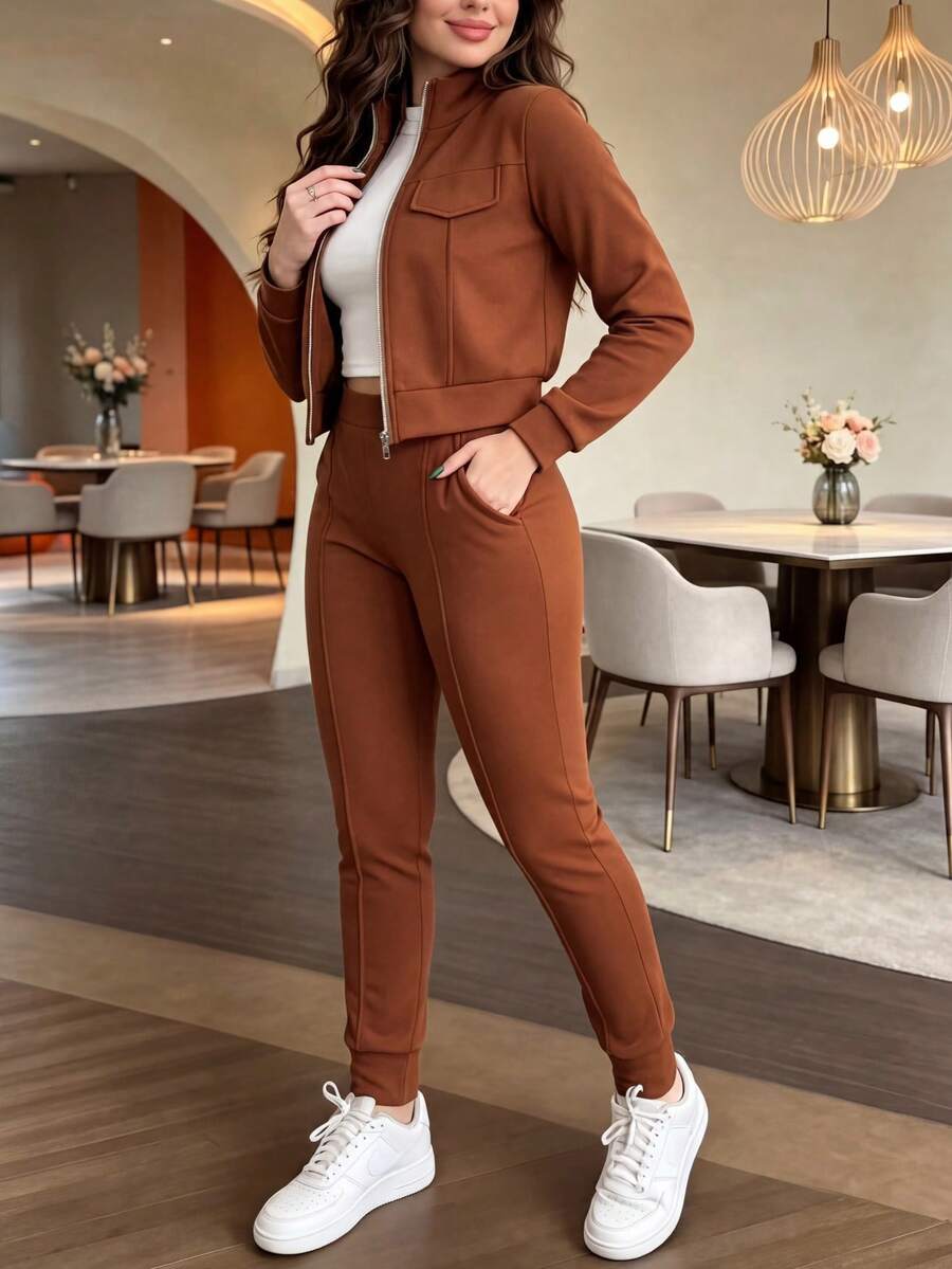 2pcs Women Set In Spring/Autumn/Winter, Minimal Solid Color Versatile Zip Up Short Jacket Tops With Elastic Waist Pocket Skinny Pants Casual Elegant