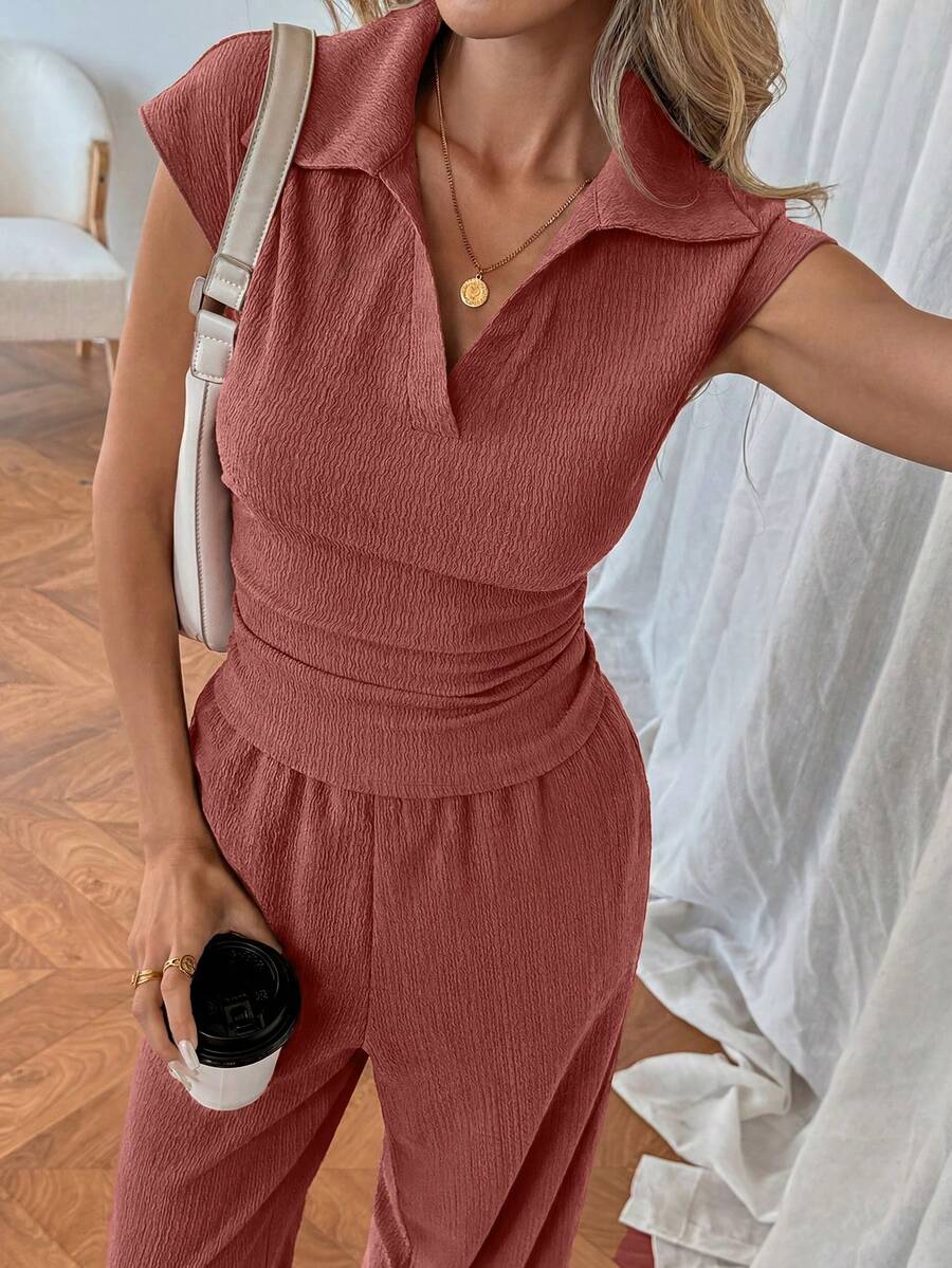 Easowa Women's Casual Polo Collar Short Sleeve Top And Pants 2 Pieces Set,Summer Outfits For Women Brunch Dark Brown Brunch