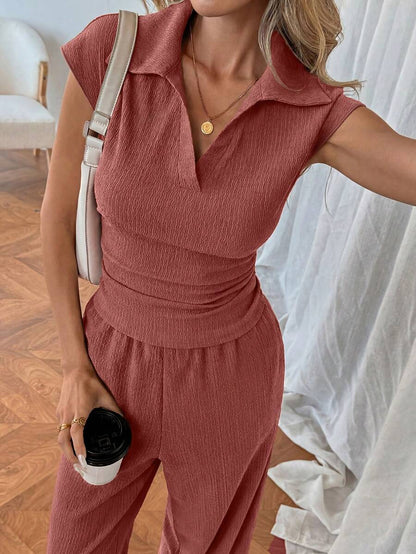 Easowa Women's Casual Polo Collar Short Sleeve Top And Pants 2 Pieces Set,Summer Outfits For Women Brunch Dark Brown Brunch