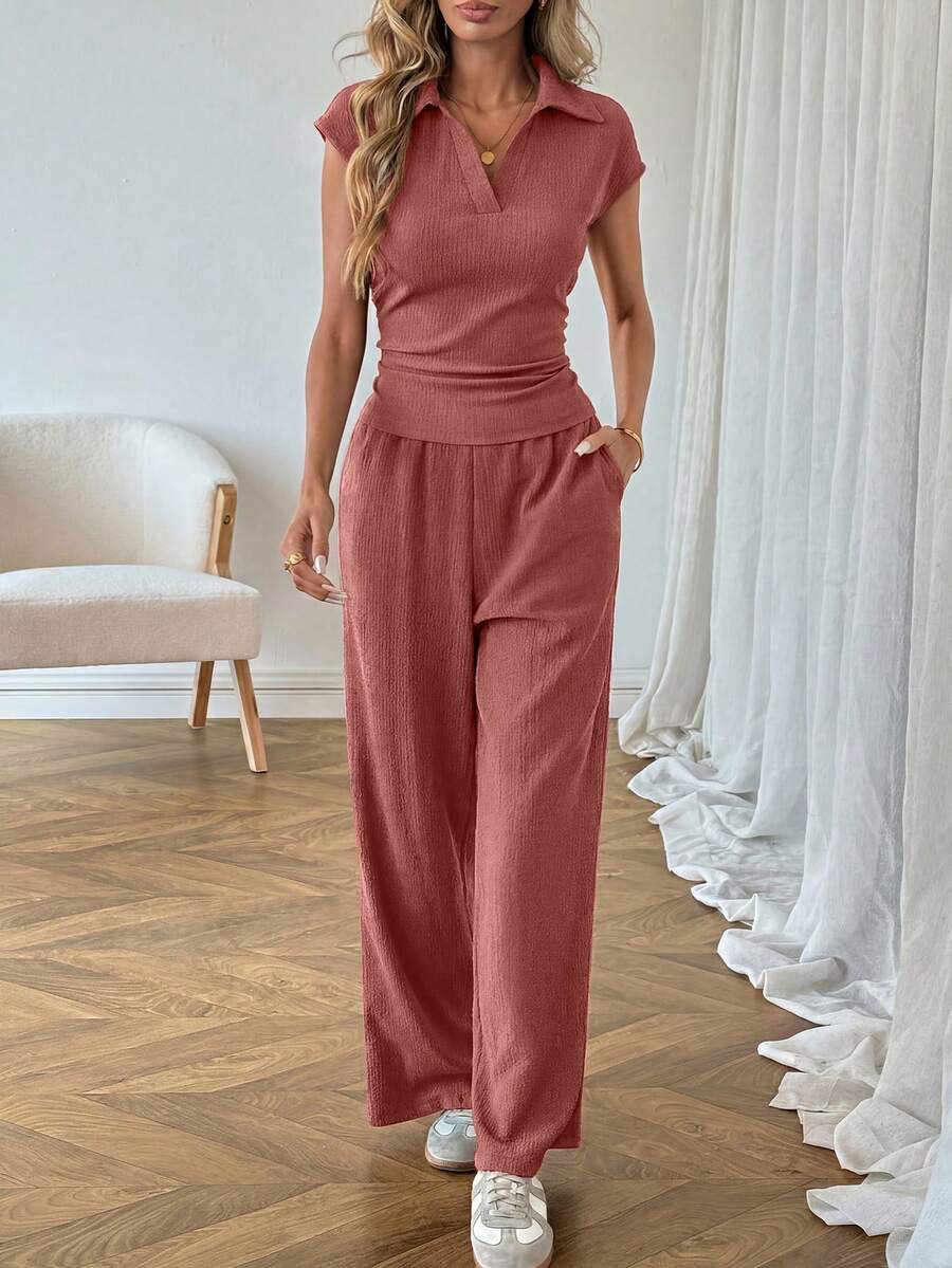 Easowa Women's Casual Polo Collar Short Sleeve Top And Pants 2 Pieces Set,Summer Outfits For Women Brunch Dark Brown Brunch