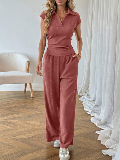 Easowa Women's Casual Polo Collar Short Sleeve Top And Pants 2 Pieces Set,Summer Outfits For Women Brunch Dark Brown Brunch