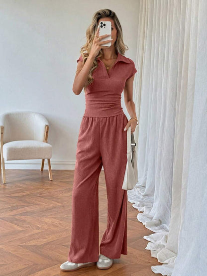 Easowa Women's Casual Polo Collar Short Sleeve Top And Pants 2 Pieces Set,Summer Outfits For Women Brunch Dark Brown Brunch