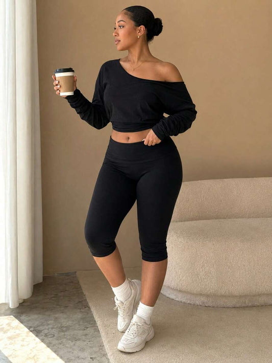 Women's Plus Size 2 Pieces Set, 3/4 Length Pants And Long Sleeve Top, Sports Casual Daily Street Style Outfit, Summer And Autumn Wear Black