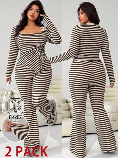 GalTyme Plus Size Women's Casual Asymmetrical Hem Tie Top And Flared Leg Pants Set Fall