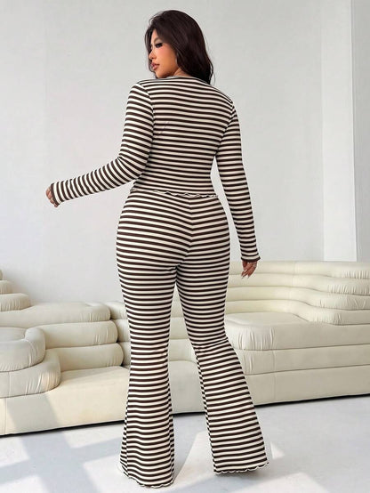 GalTyme Plus Size Women's Casual Asymmetrical Hem Tie Top And Flared Leg Pants Set Fall