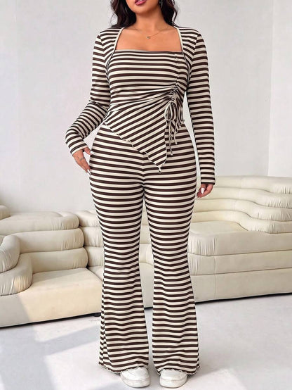 GalTyme Plus Size Women's Casual Asymmetrical Hem Tie Top And Flared Leg Pants Set Fall