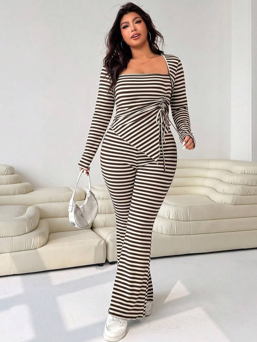 GalTyme Plus Size Women's Casual Asymmetrical Hem Tie Top And Flared Leg Pants Set Fall